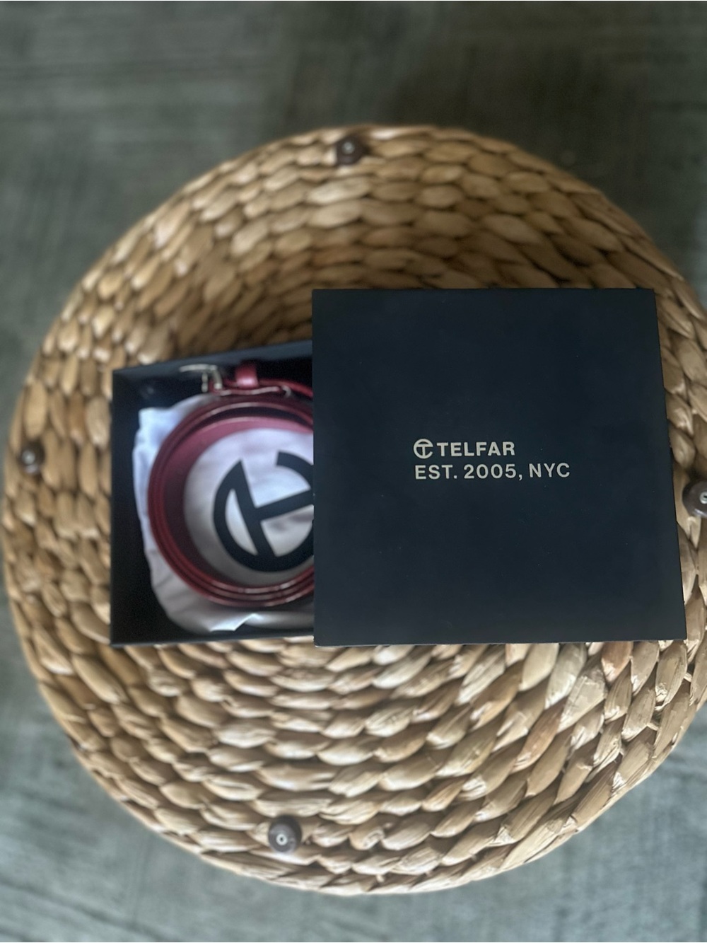 Telfar Metallic Red Circular Mini belt with silver Logo